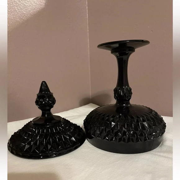 Vintage Indiana Glass Tiara Black Diamond Point Covered Candy Dish W/ Lid 12" - Picture 3 of 8